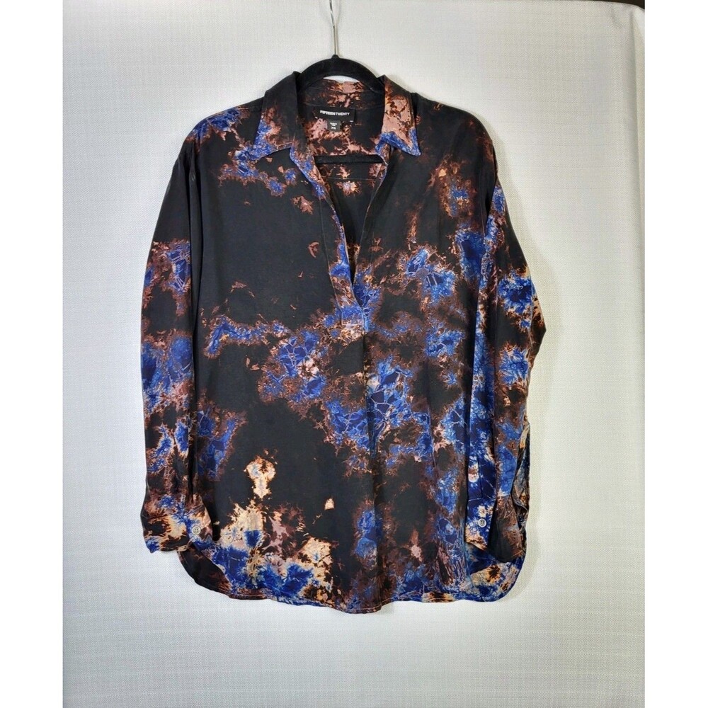 Fifteen Twenty Tie Dye Cupro Blue Black Long Sleeve Tunic Blouse Women's Size XS